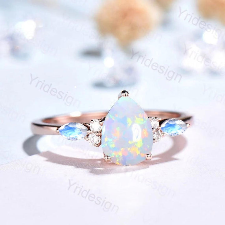 Retro Pear Shaped Opal Ring Rose Gold Fire Opal Ruby Engagement Ring Seven Stone Cluster Promise Ring October Birthstone Anniversary gift - PENFINE