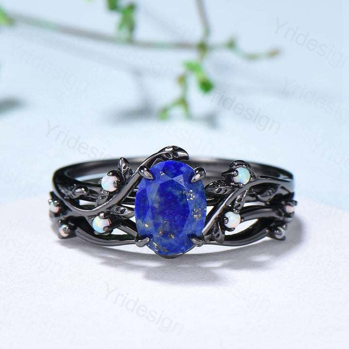 Lapis Lazuli Wedding Ring Set, Black Gold Twig, Opal Branch Bridal Set - PENFINE