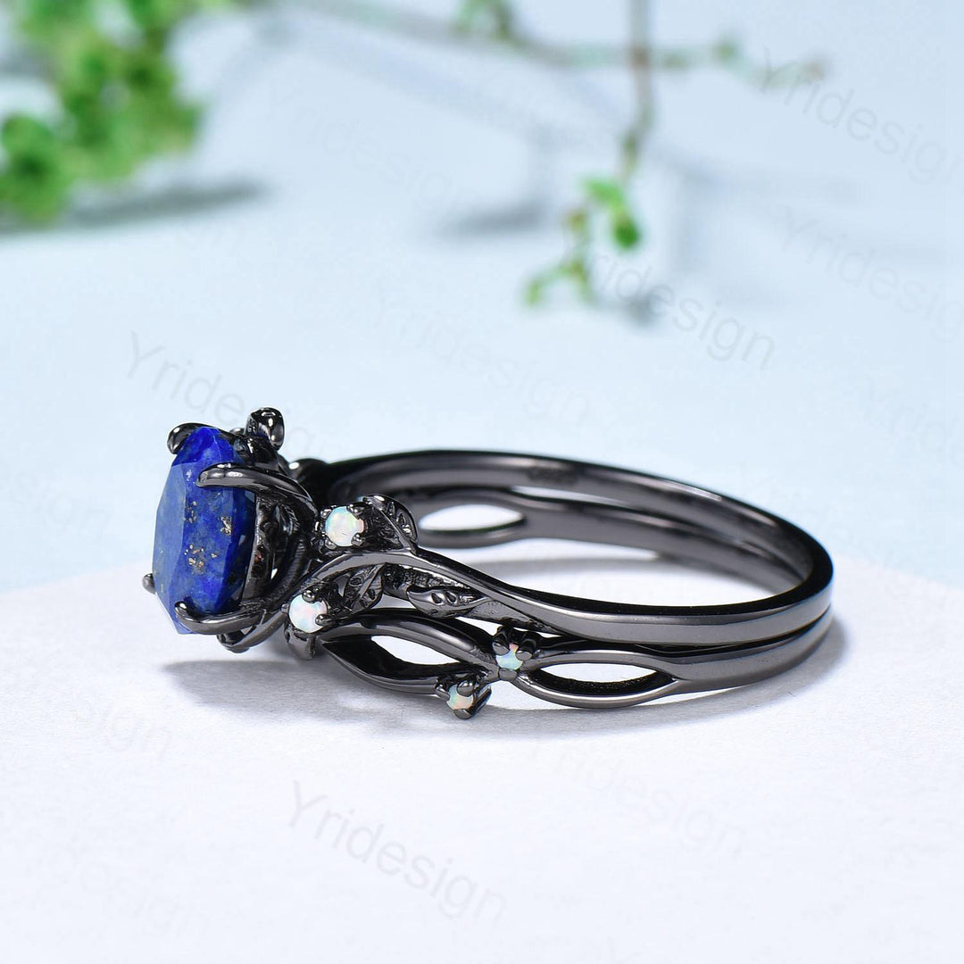 Lapis Lazuli Wedding Ring Set, Black Gold Twig, Opal Branch Bridal Set - PENFINE