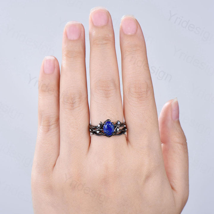 Lapis Lazuli Wedding Ring Set, Black Gold Twig, Opal Branch Bridal Set - PENFINE