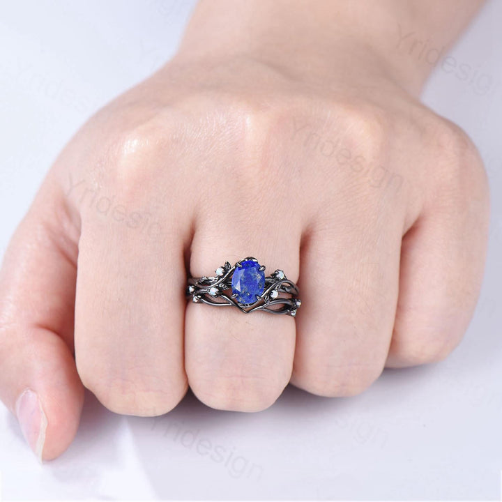 Lapis Lazuli Wedding Ring Set, Black Gold Twig, Opal Branch Bridal Set - PENFINE
