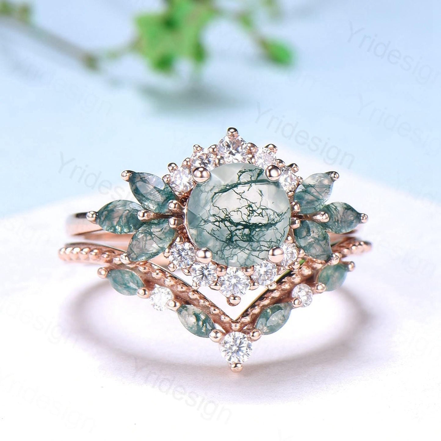 Unique Round Moss Agate Wedding Ring Set Vintage Marquise Green Agate Halo Engagement Ring Set 14k Rose Gold 2pcs Bridal Ring Set for Women - PENFINE