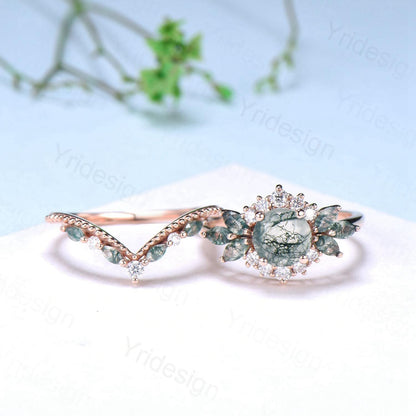 Unique Round Moss Agate Wedding Ring Set Vintage Marquise Green Agate Halo Engagement Ring Set 14k Rose Gold 2pcs Bridal Ring Set for Women - PENFINE