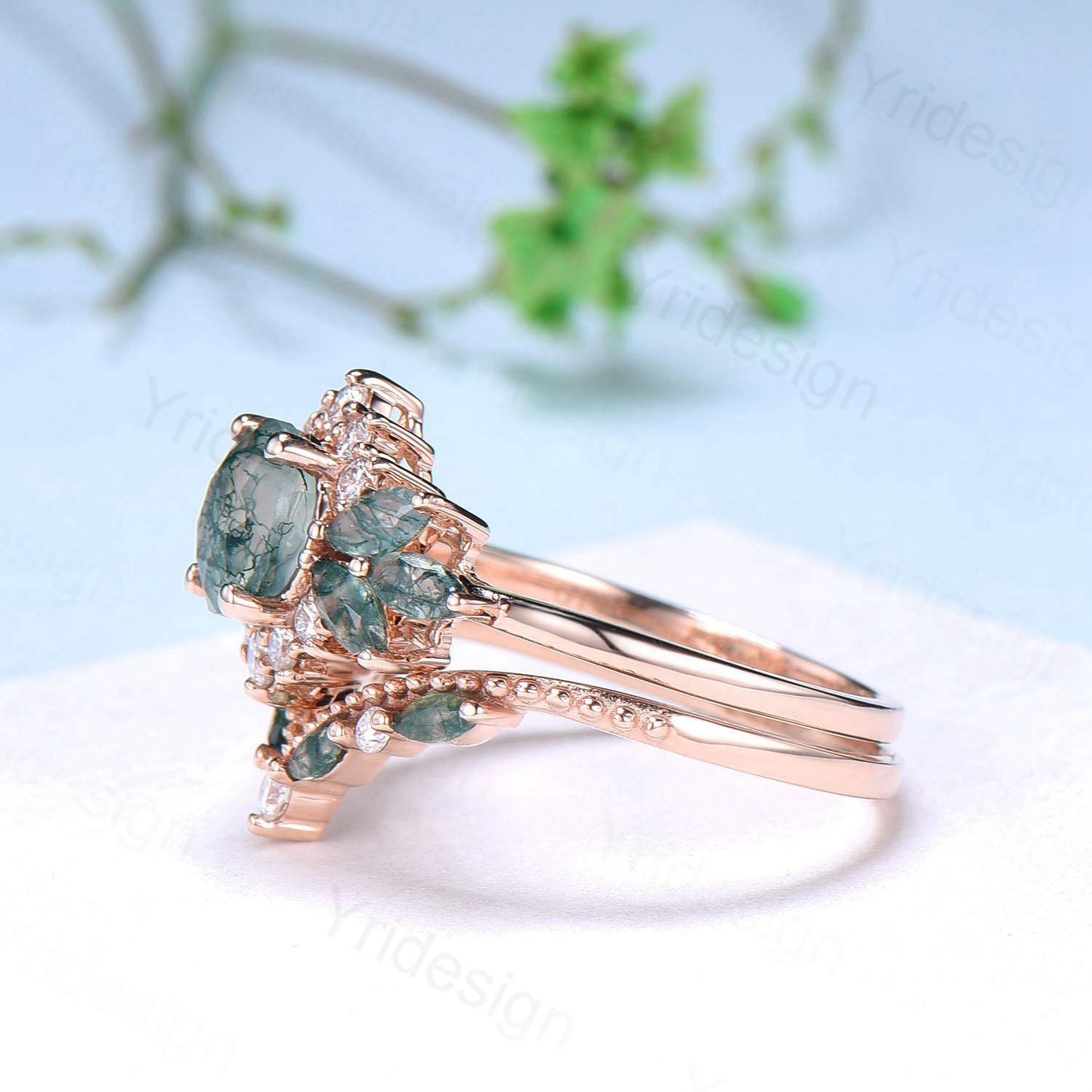 Unique Round Moss Agate Wedding Ring Set Vintage Marquise Green Agate Halo Engagement Ring Set 14k Rose Gold 2pcs Bridal Ring Set for Women - PENFINE