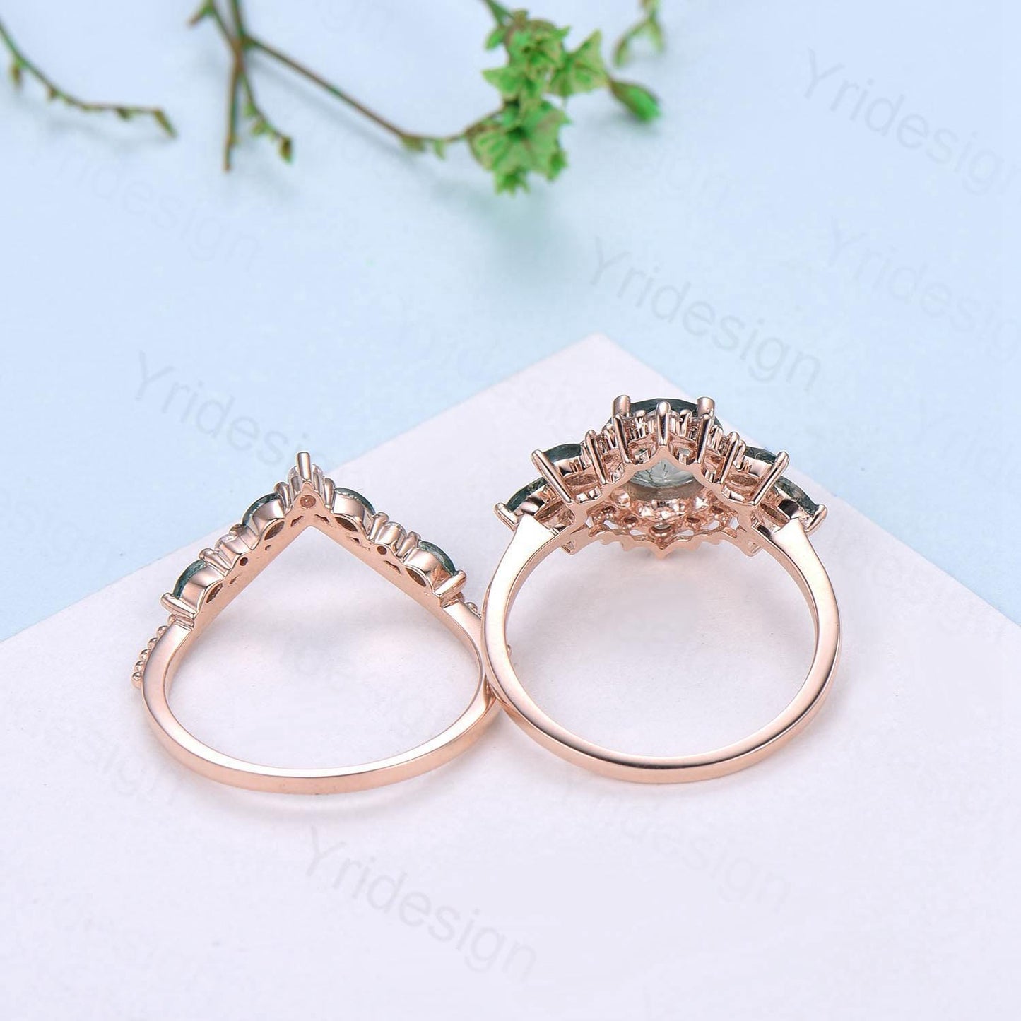 Unique Round Moss Agate Wedding Ring Set Vintage Marquise Green Agate Halo Engagement Ring Set 14k Rose Gold 2pcs Bridal Ring Set for Women - PENFINE