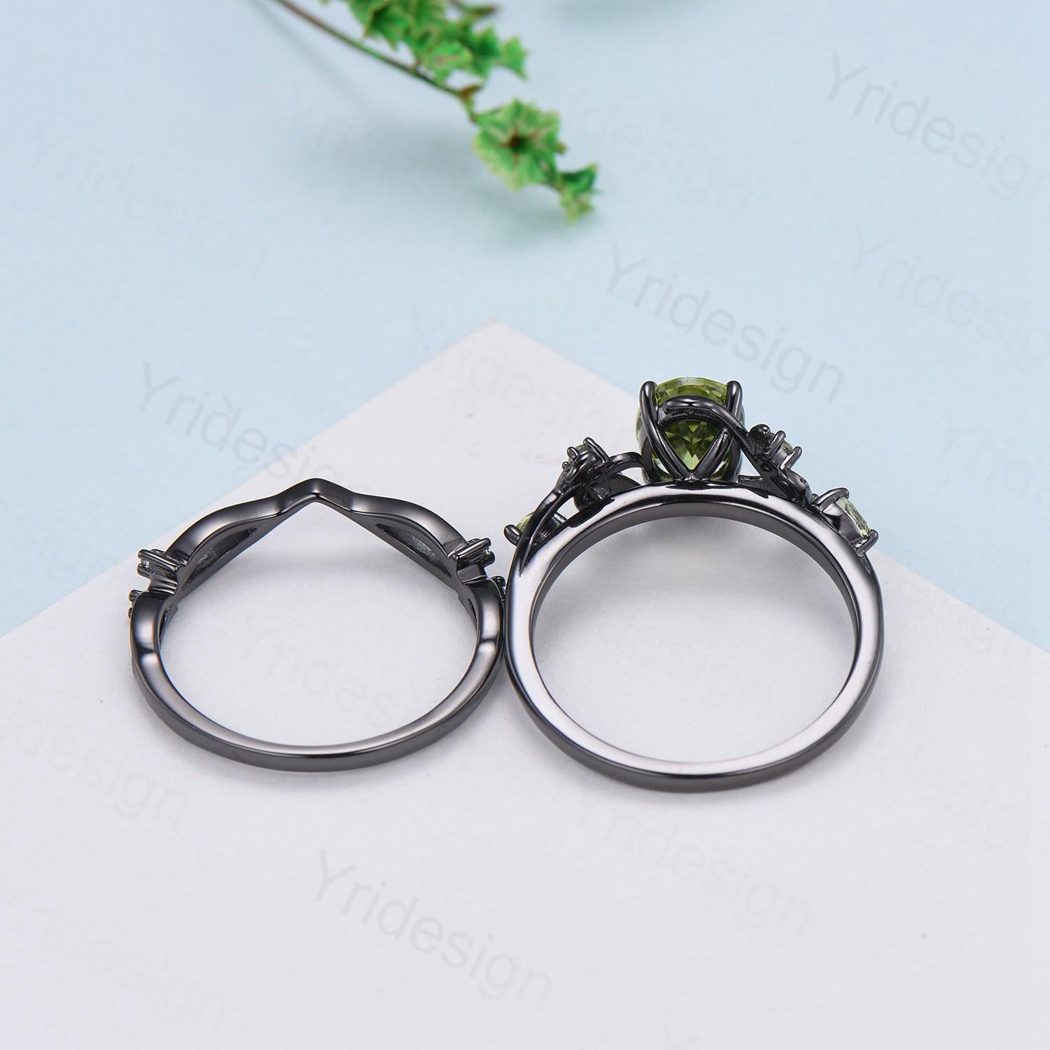 Unique Black Gold Oval Alexandrite Ring Set Nature Inspired Alexandrite Twig Engagement Ring branch peridot leaf wedding ring set for women - PENFINE