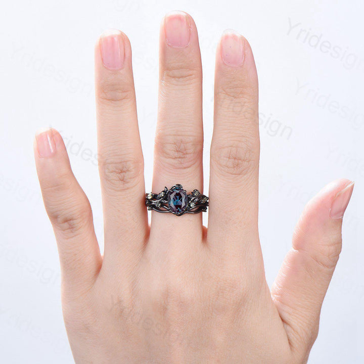 Unique Black Gold Oval Alexandrite Ring Set Nature Inspired Alexandrite Twig Engagement Ring branch peridot leaf wedding ring set for women - PENFINE