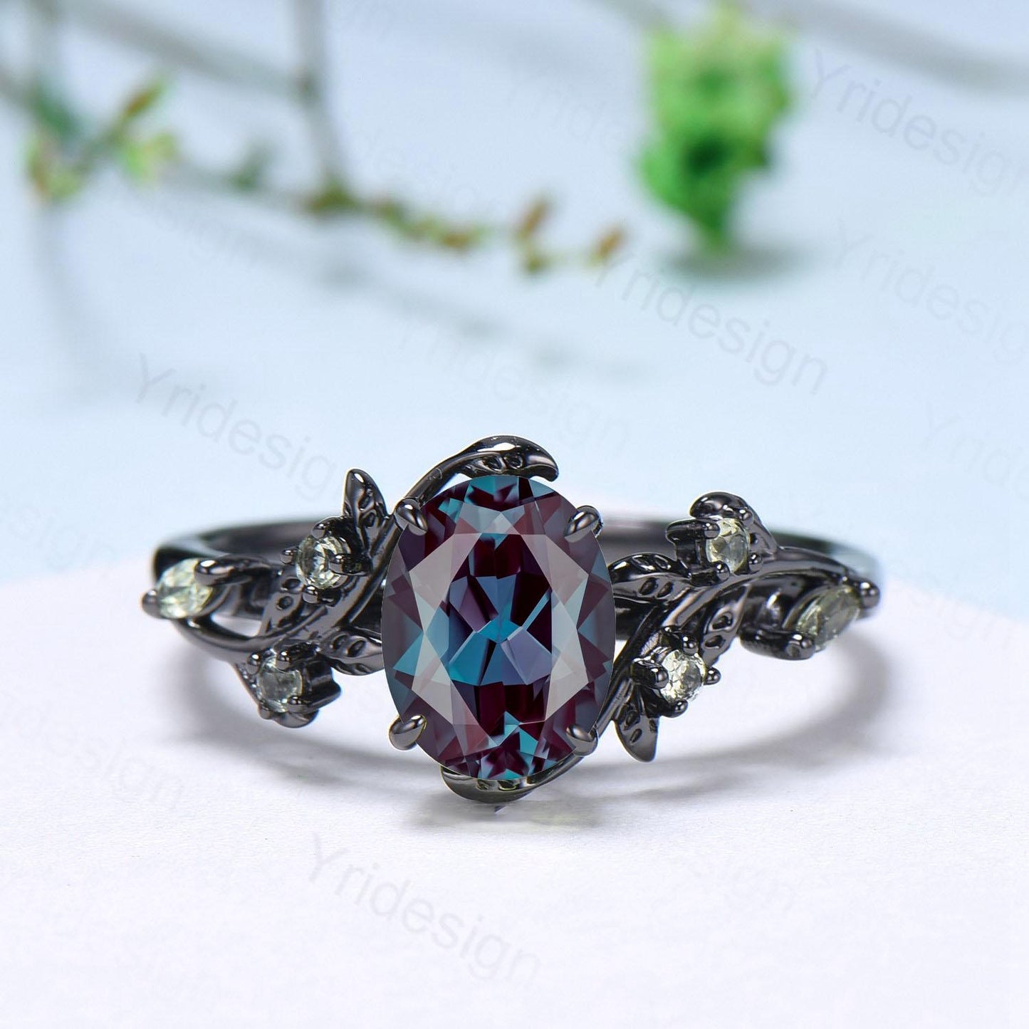 Unique Black Gold Oval Alexandrite Ring Set Nature Inspired Alexandrite Twig Engagement Ring branch peridot leaf wedding ring set for women - PENFINE