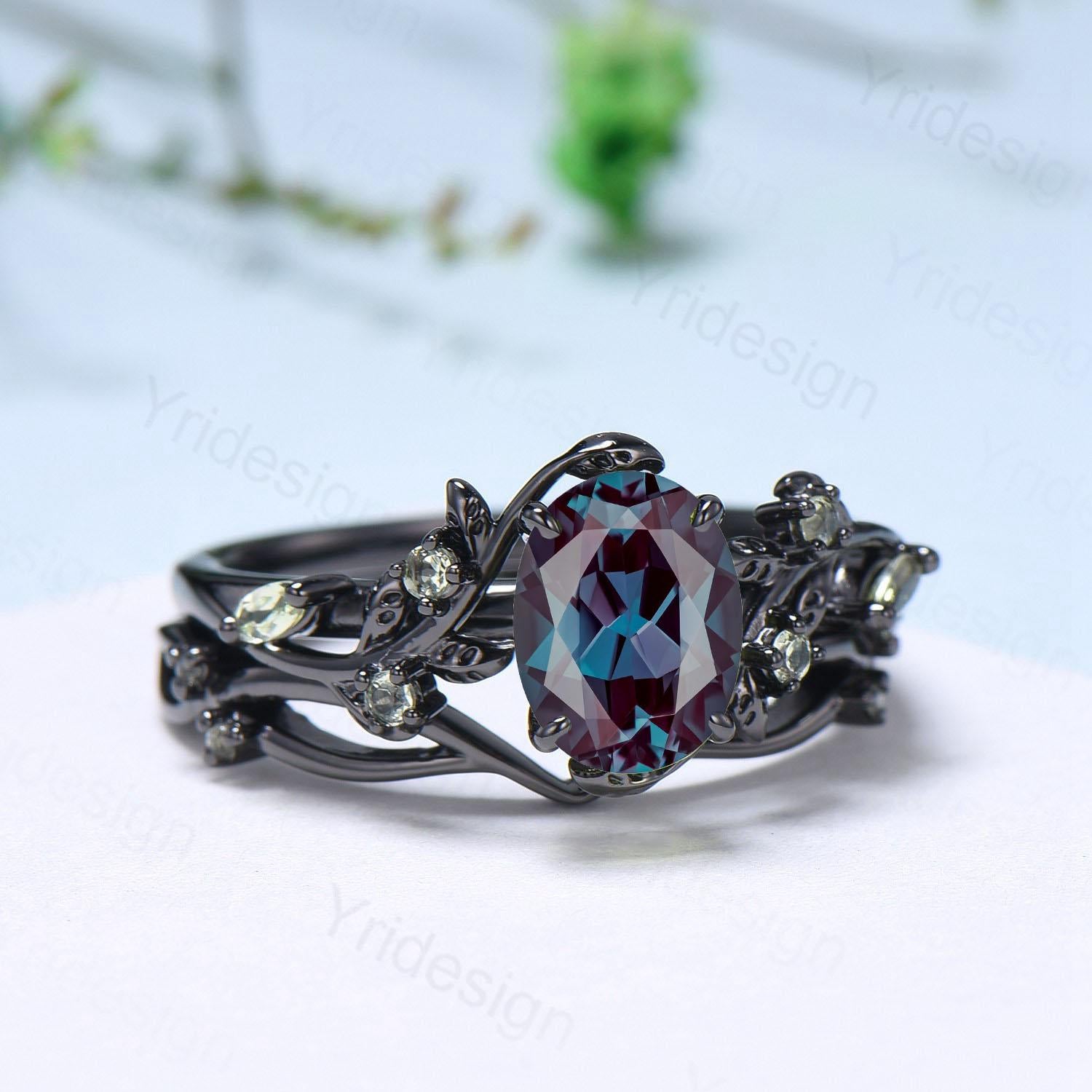 Unique Black Gold Oval Alexandrite Ring Set Nature Inspired Alexandrite Twig Engagement Ring branch peridot leaf wedding ring set for women - PENFINE