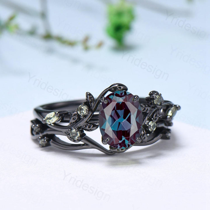 Unique Black Gold Oval Alexandrite Ring Set Nature Inspired Alexandrite Twig Engagement Ring branch peridot leaf wedding ring set for women - PENFINE