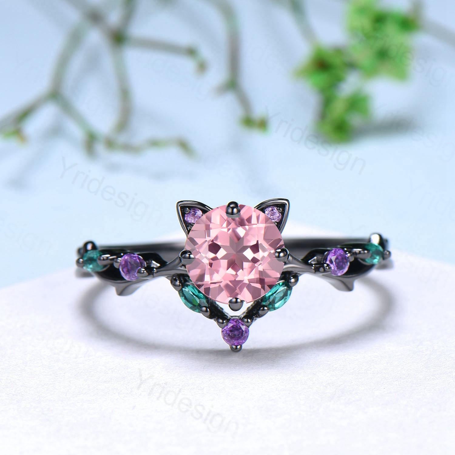 Unique Cat Ring Black Gold Padparadscha sapphire Engagement Ring Black Gold Animal Inspired Amethyst Emerald Band Pink Anniversary Ring Her - PENFINE