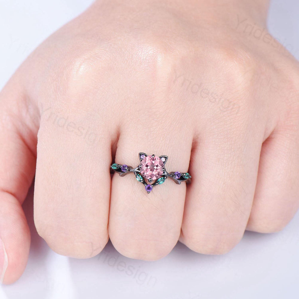 Unique Cat Ring Black Gold Padparadscha sapphire Engagement Ring Black Gold Animal Inspired Amethyst Emerald Band Pink Anniversary Ring Her - PENFINE