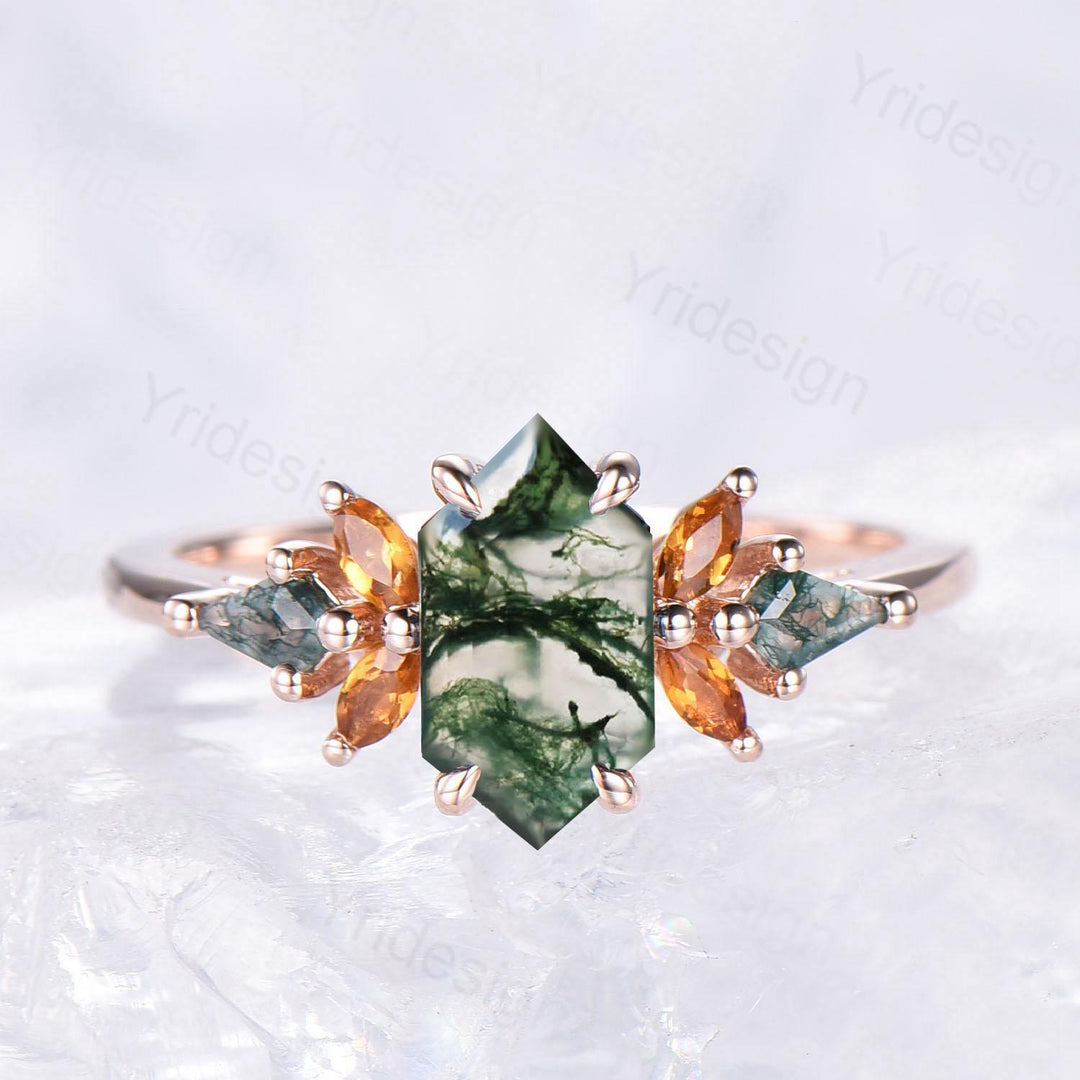 Unique long hexagon natural moss agate engagement ring vintage cluster marquise citrine kite green agate wedding ring anniversary gift women - PENFINE