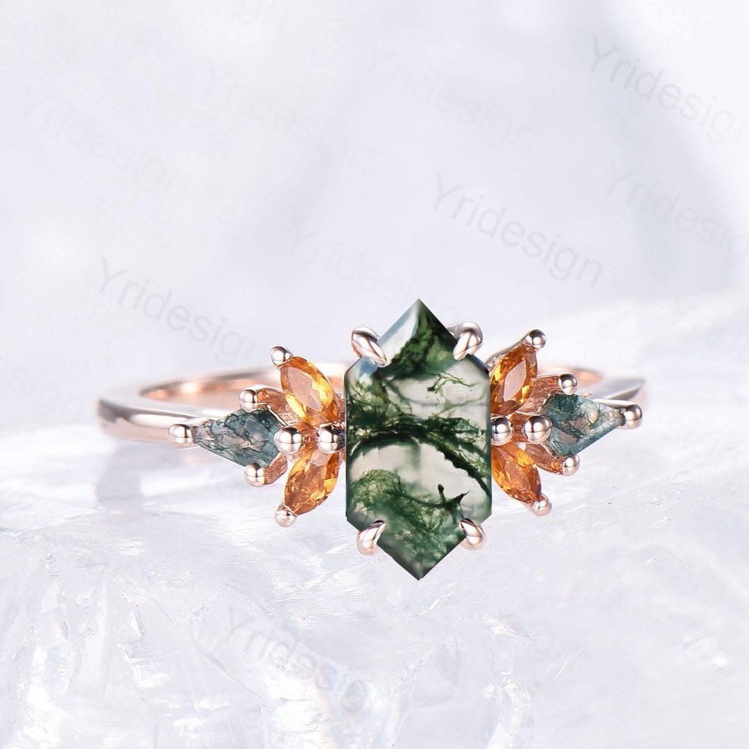 Unique long hexagon natural moss agate engagement ring vintage cluster marquise citrine kite green agate wedding ring anniversary gift women - PENFINE