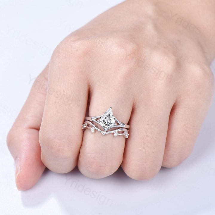 Split shank Kite cut moissanite bridal ring set vintage colorless moissanite engagement ring set art deco wedding anniversary gift for women - PENFINE