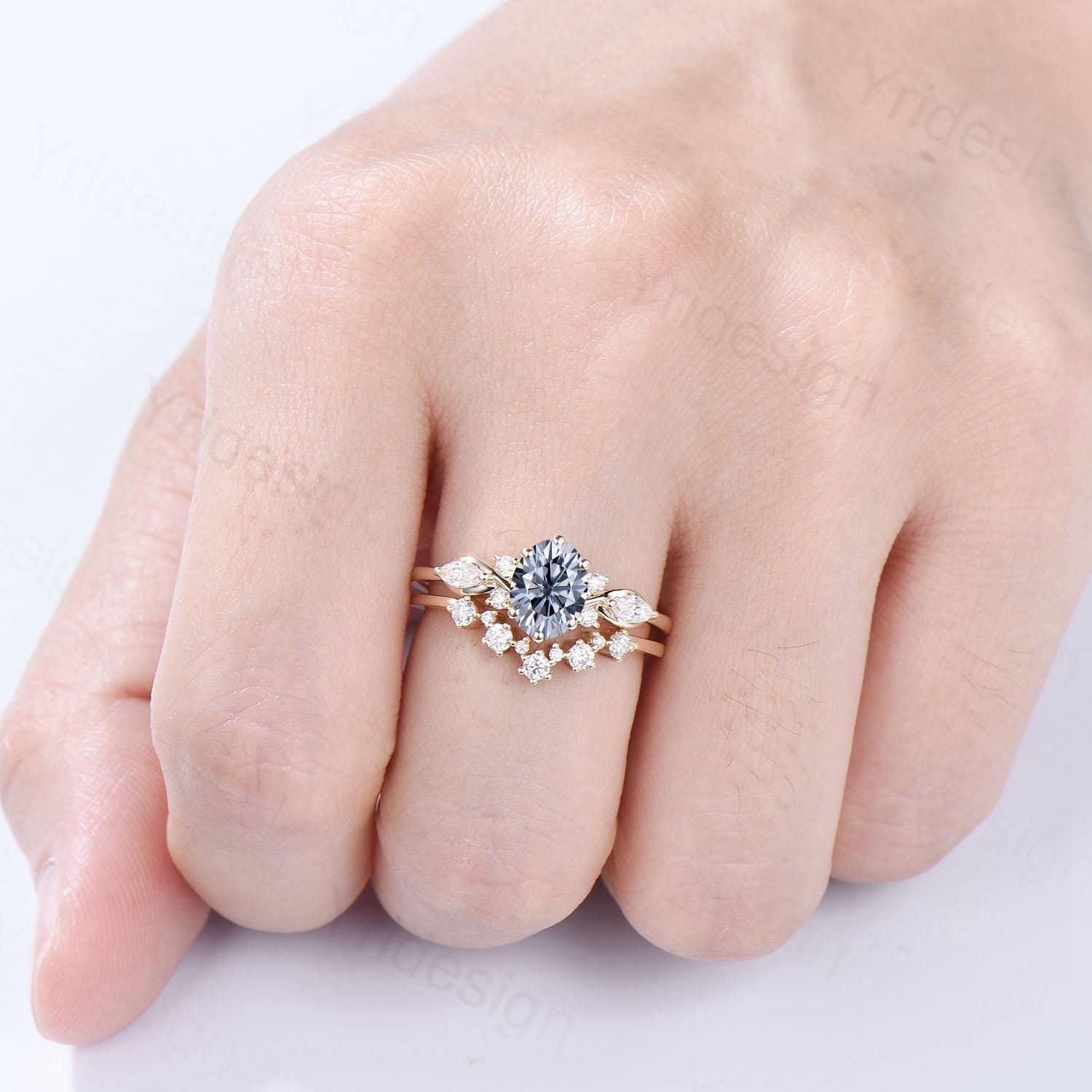 1 Carat Oval Gray Moissanite Engagement Ring Set, Cluster Marquise Moissanite Diamond Bridal Ring Set Unique Twisted Moissanite Bridal Set - PENFINE