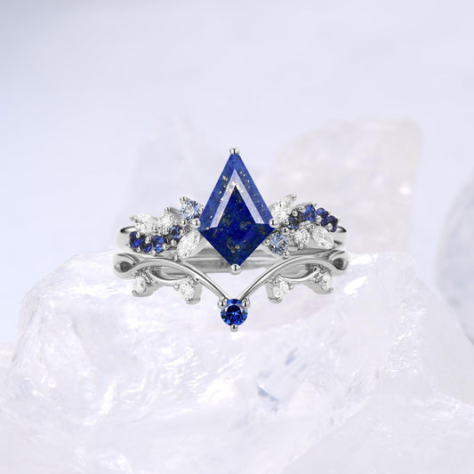 Vintage Black Gold Lapis Lazuli Engagement Ring Set Kite Cut Unique Cluster Sapphire Lapis Lazuli Bridal Ring Set Anniversary Gift For Her - PENFINE