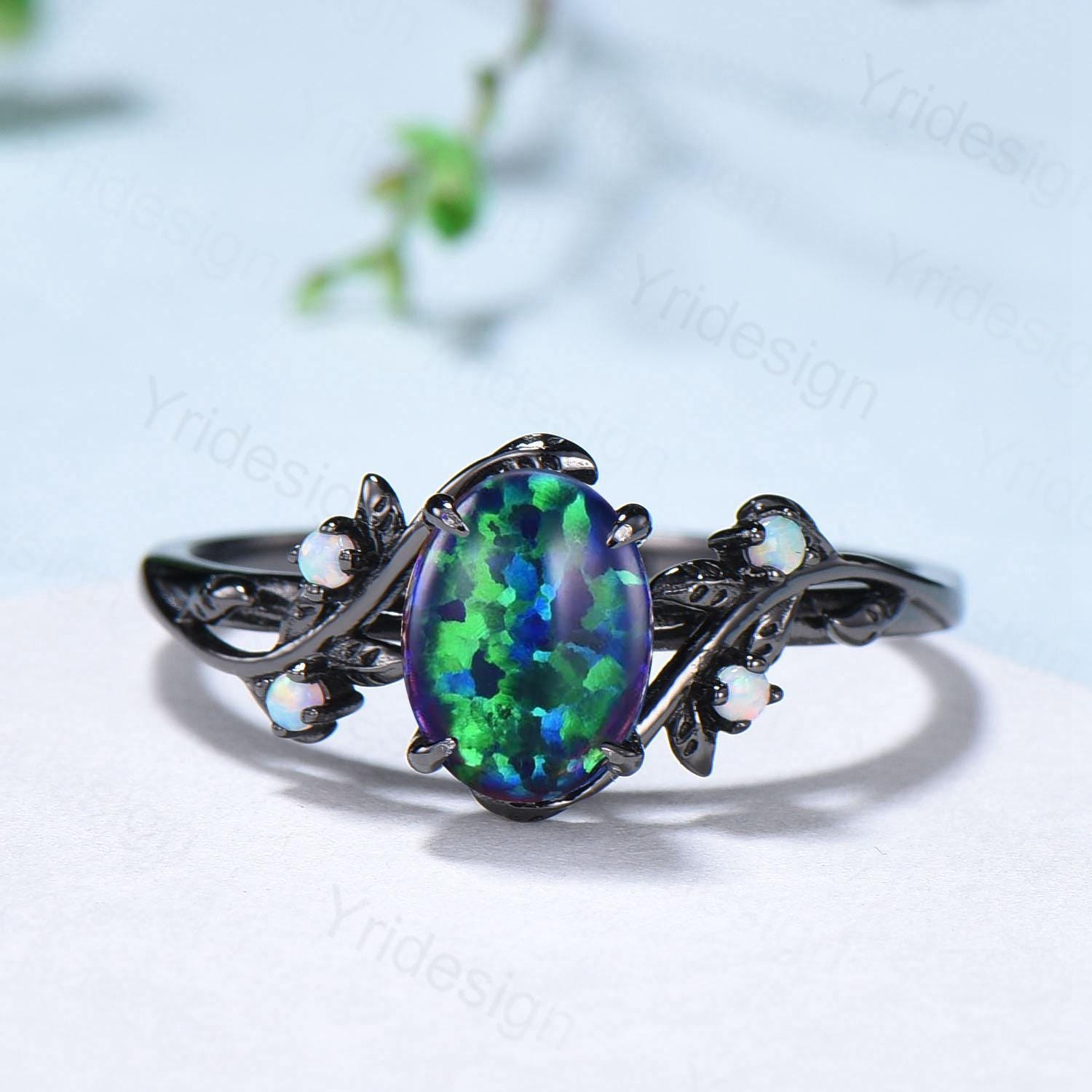 Nature Inspired Black Opal Wedding Ring Set Elegant Twig Black Gold Opal Engagement Ring Twig Vine Branch Bridal Set Unique Anniversary Ring - PENFINE