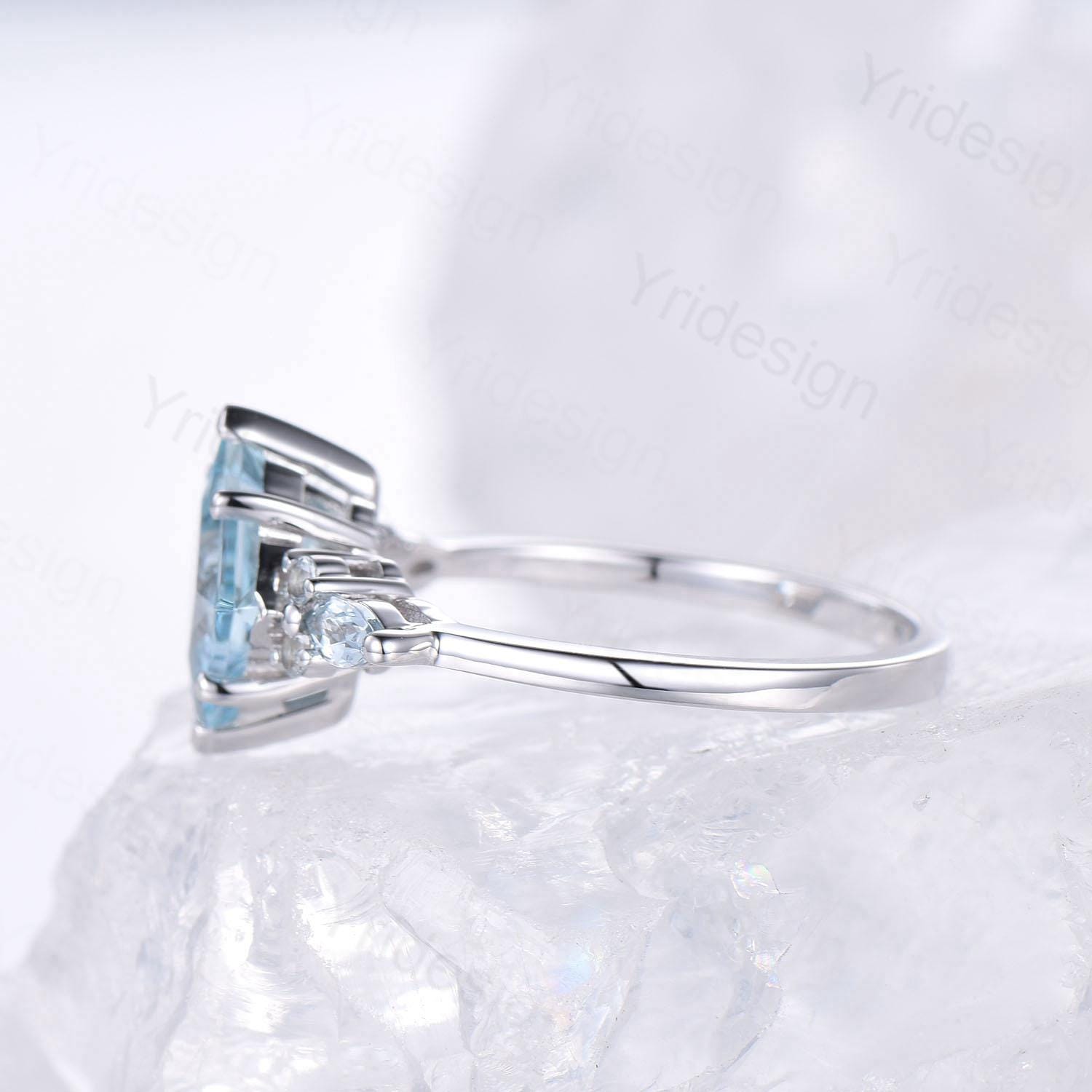 Vintage Princess Cut Natural Aquamarine Engagement Ring Set Elegant 14k White Gold Art Deco 2CT March Birthstone Anniversary Ring For Women - PENFINE