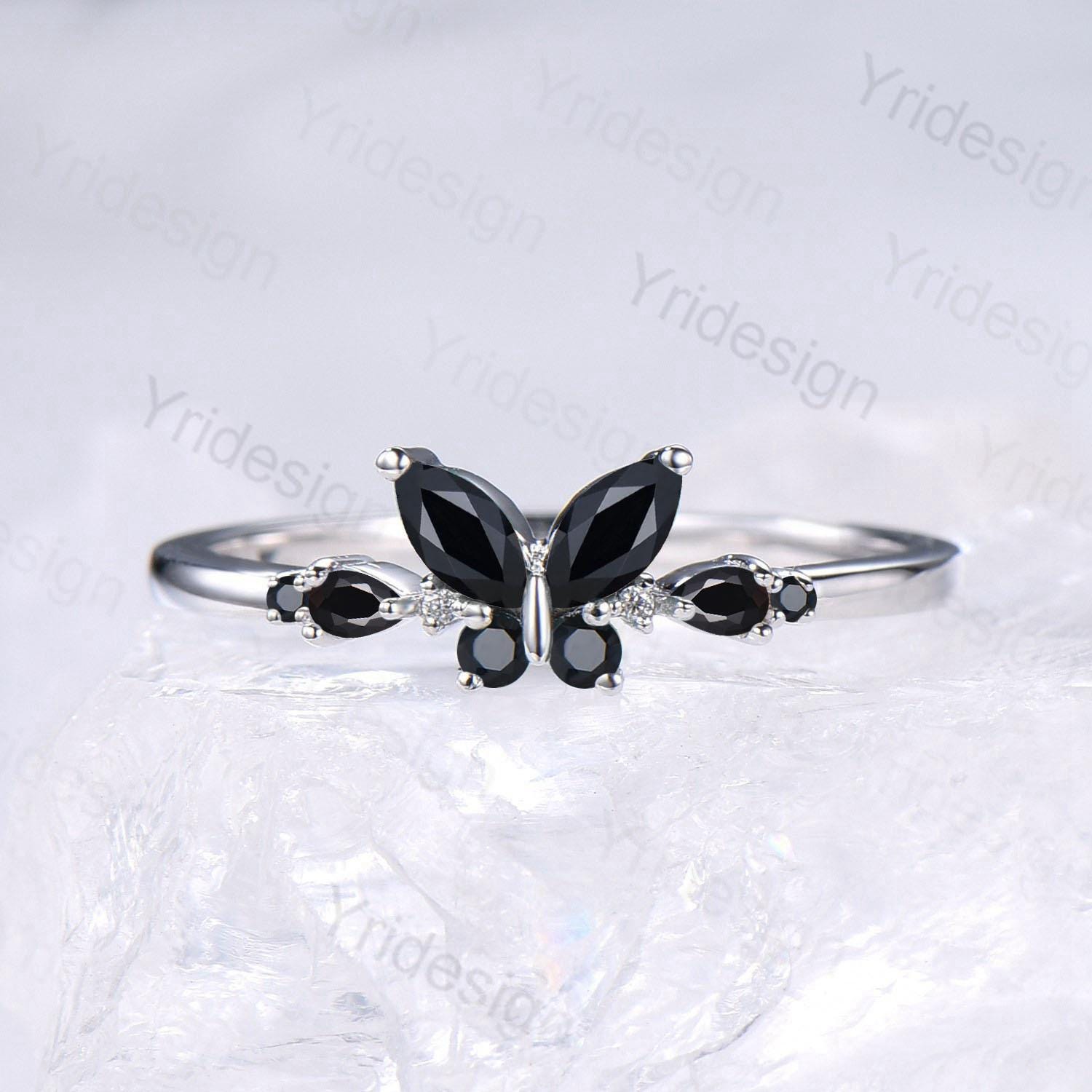 Unique Butterfly Black Onyx Engagement Ring Vintage Pear Black Onyx We ...