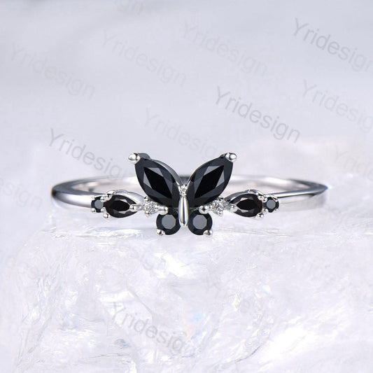 Unique Butterfly Black Onyx Engagement Ring Vintage Pear Black Onyx Wedding Ring Silver Gold Spinel Dainty Nature Inspired Anniversary Ring - PENFINE