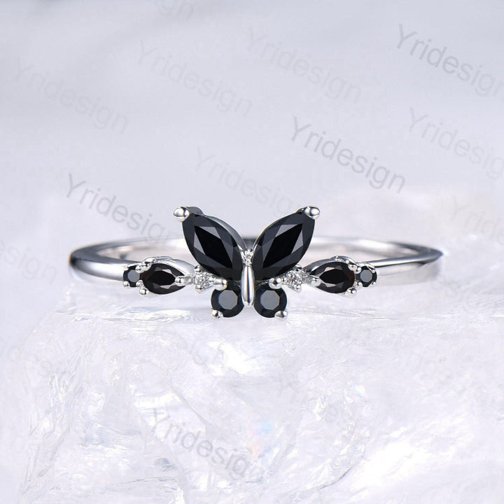 Unique Butterfly Black Onyx Engagement Ring Vintage Pear Black Onyx Wedding Ring Silver Gold Spinel Dainty Nature Inspired Anniversary Ring - PENFINE