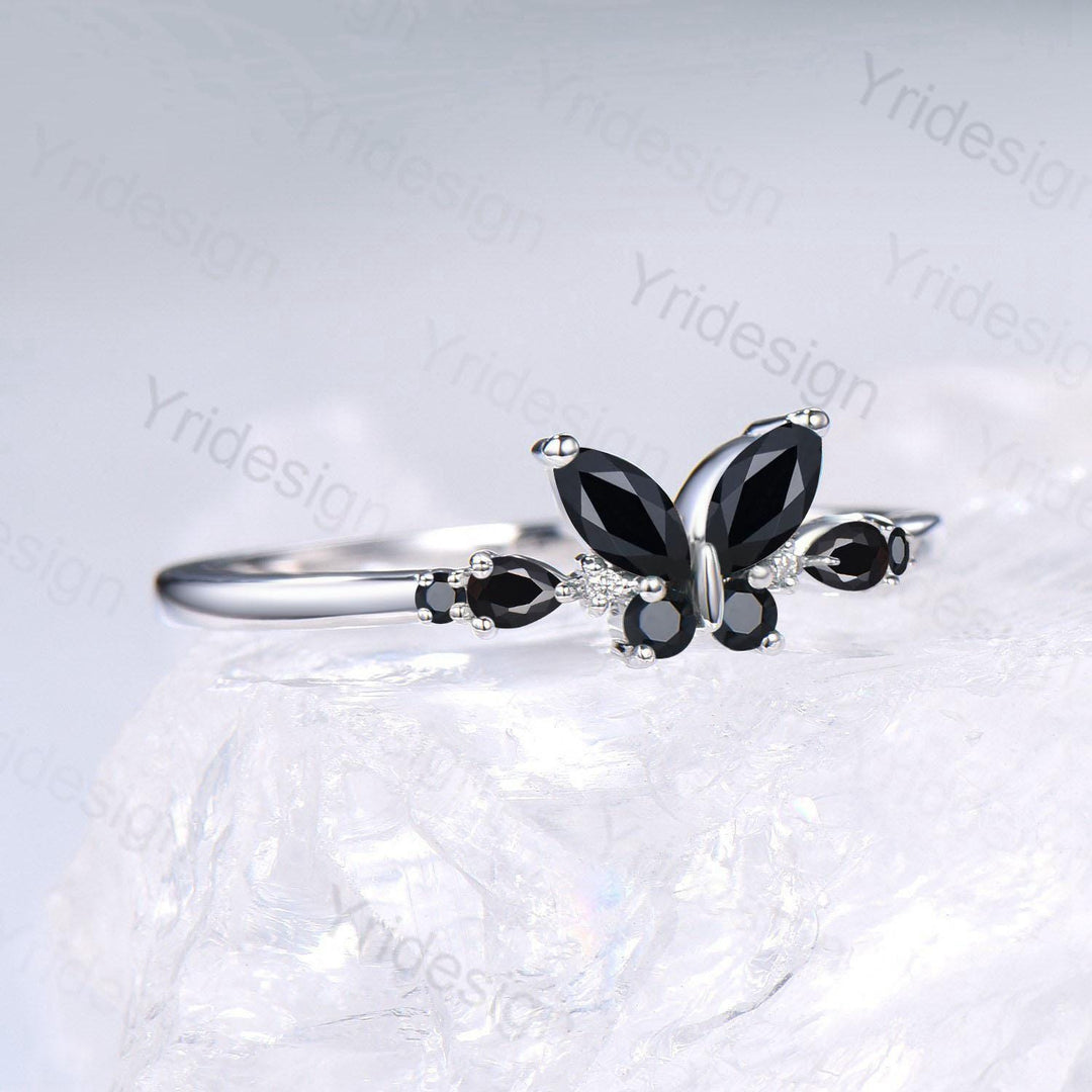 Unique Butterfly Black Onyx Engagement Ring Vintage Pear Black Onyx Wedding Ring Silver Gold Spinel Dainty Nature Inspired Anniversary Ring - PENFINE