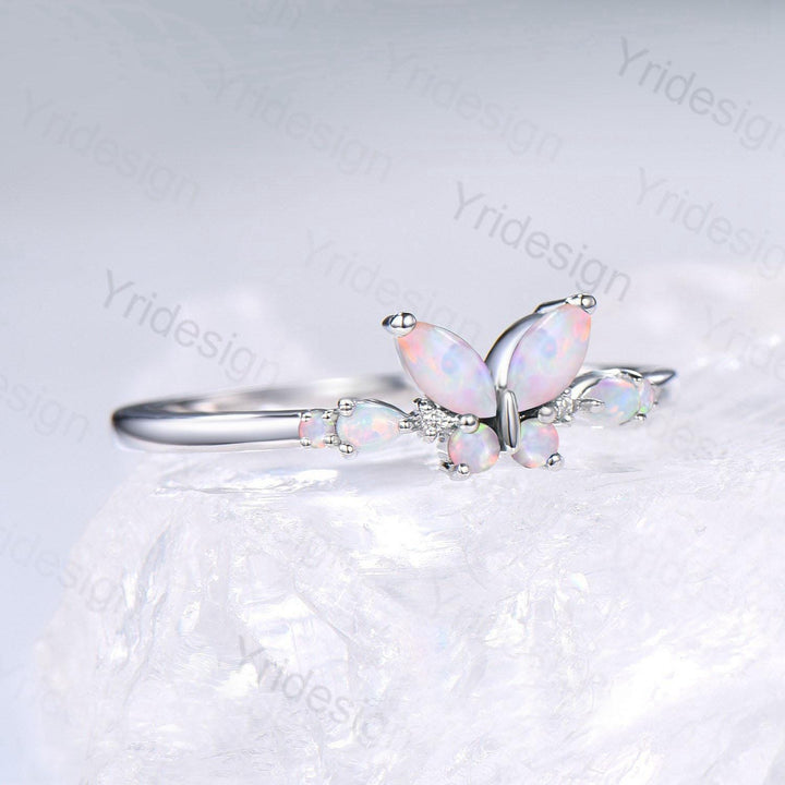 Unique Butterfly Marquise White Opal Engagement Ring Vintage Pear Fire Opal Wedding Ring Silver Anniversary Ring October Birthstone Gift - PENFINE