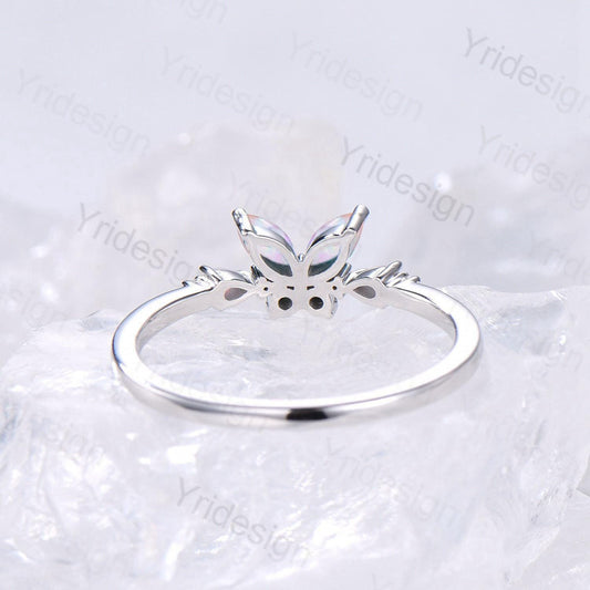 Unique Butterfly Marquise White Opal Engagement Ring Vintage Pear Fire Opal Wedding Ring Silver Anniversary Ring October Birthstone Gift - PENFINE