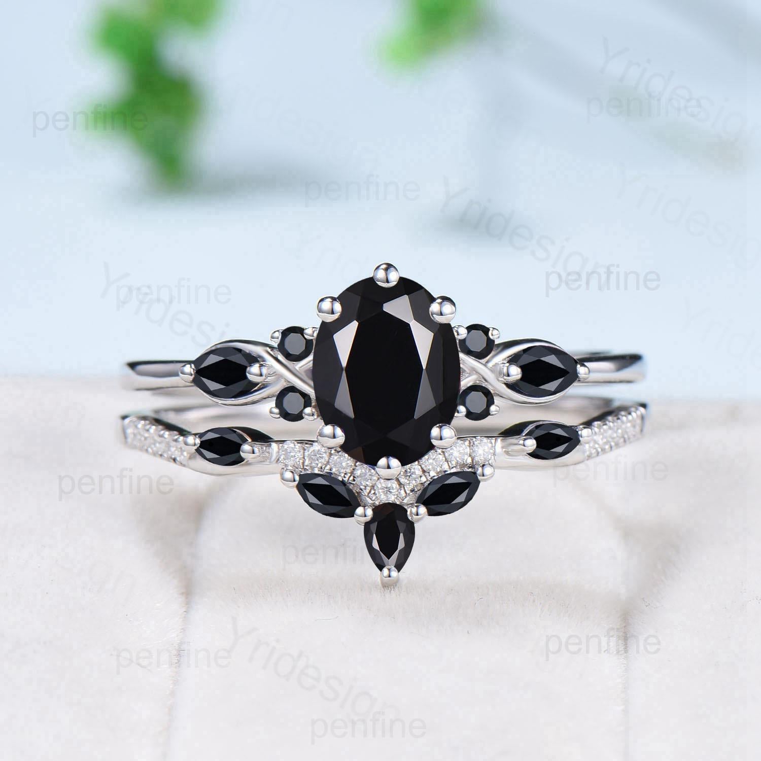 Vintage oval black moissanite engagement ring 14k white gold twisted unique black onyx wedding ring set art deco anniversary gift bridal set - PENFINE