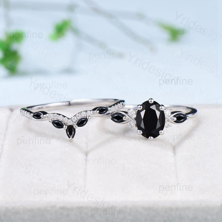 Vintage oval black moissanite engagement ring 14k white gold twisted unique black onyx wedding ring set art deco anniversary gift bridal set - PENFINE