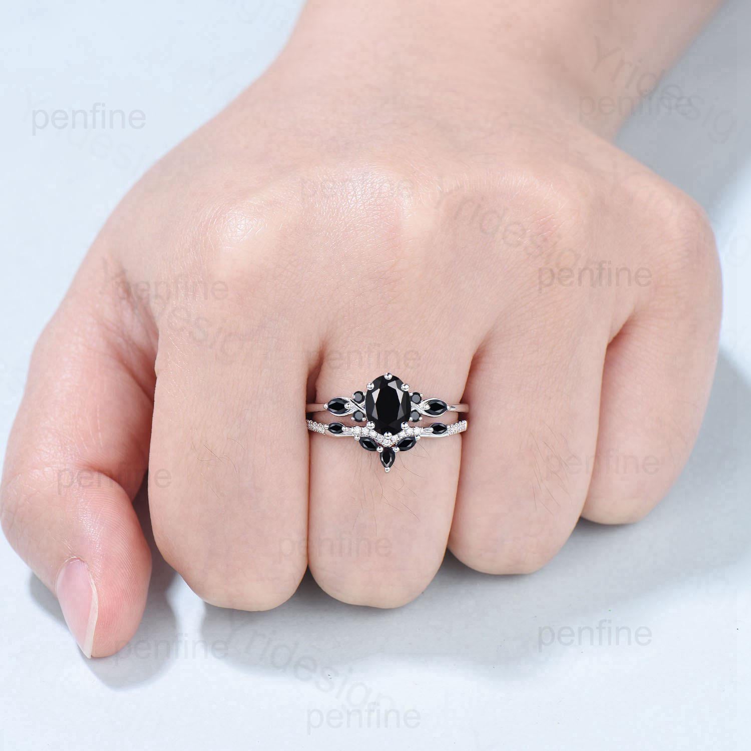 Vintage oval black moissanite engagement ring 14k white gold twisted unique black onyx wedding ring set art deco anniversary gift bridal set - PENFINE