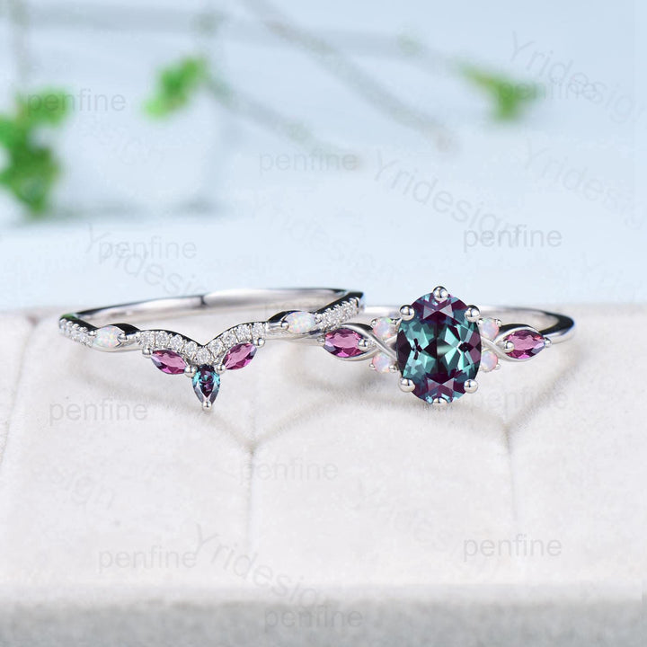 Vintage oval alexandrite engagement ring 14k white gold twisted unique opal amethyst wedding ring set art deco anniversary gift bridal set - PENFINE