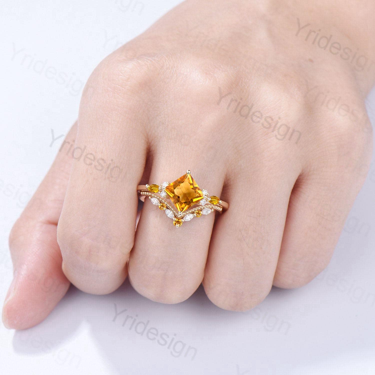 Unique Princess Cut Citrine Engagement Ring Set Vintage 14k Yellow Gold Sterling Silver November Birthstone Ring Art Deco Bridal Ring Set - PENFINE