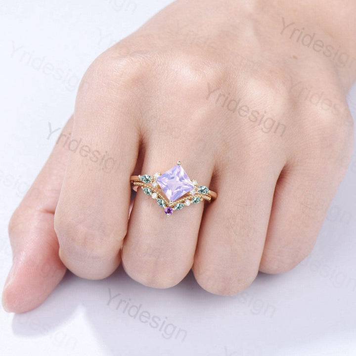 Unique Princess Cut Lavender Amethyst Engagement Ring Set Vintage 14k Yellow Gold Sterling Silver Moss Agate Ring Art Deco Bridal Set Women - PENFINE