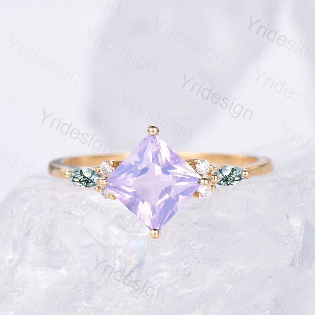 Unique Princess Cut Lavender Amethyst Engagement Ring Set Vintage 14k Yellow Gold Sterling Silver Moss Agate Ring Art Deco Bridal Set Women - PENFINE