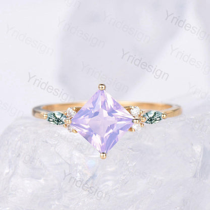 Unique Princess Cut Lavender Amethyst Engagement Ring Set Vintage 14k Yellow Gold Sterling Silver Moss Agate Ring Art Deco Bridal Set Women - PENFINE