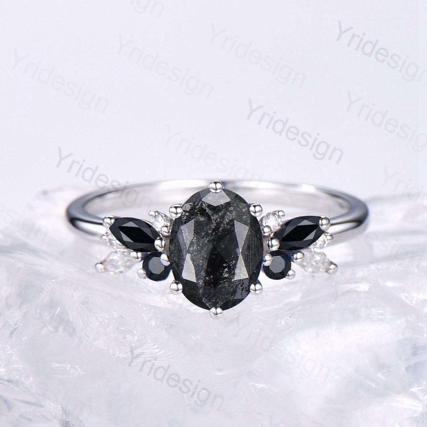 Unique salt and pepper diamond engagement ring set Art Deco Bee black spinel wedding ring vintage leaf vine stacking band bridal set women - PENFINE