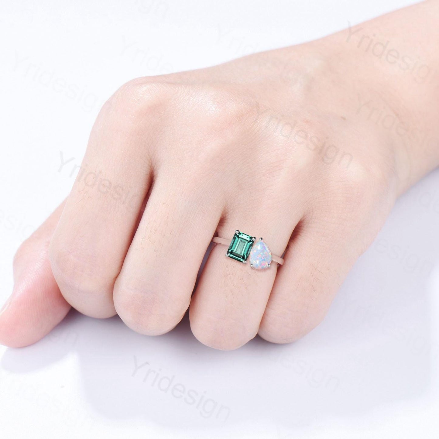 Emerald Cut Emerald And Pear White Opal Ring, Two Stone Wedding Ring, Promise Ring Her, Best Anniversary Gift, Toi Et Moi Engagement Ring - PENFINE