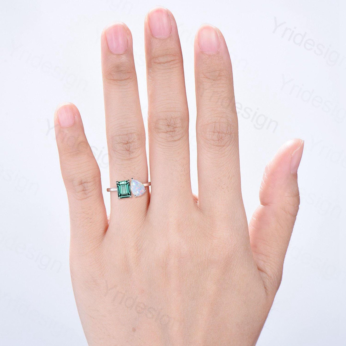 Emerald Cut Emerald And Pear White Opal Ring, Two Stone Wedding Ring, Promise Ring Her, Best Anniversary Gift, Toi Et Moi Engagement Ring - PENFINE