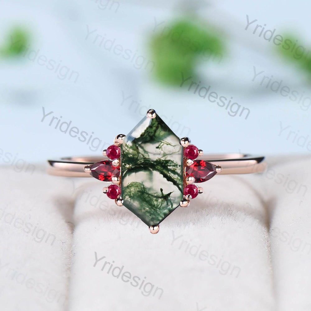 Vintage Long Hexagon cut moss agate cluster pear shaped sapphire Green Agate engagement ring art deco anniversary gift ring for women - PENFINE