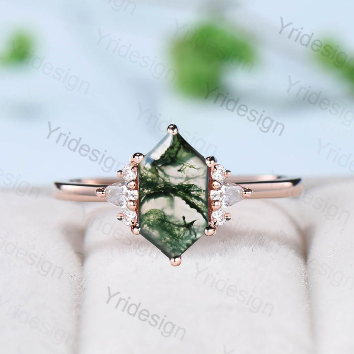 Vintage Long Hexagon cut moss agate cluster pear shaped sapphire Green Agate engagement ring art deco anniversary gift ring for women - PENFINE