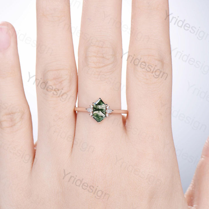 Vintage Long Hexagon cut moss agate cluster pear shaped sapphire Green Agate engagement ring art deco anniversary gift ring for women - PENFINE