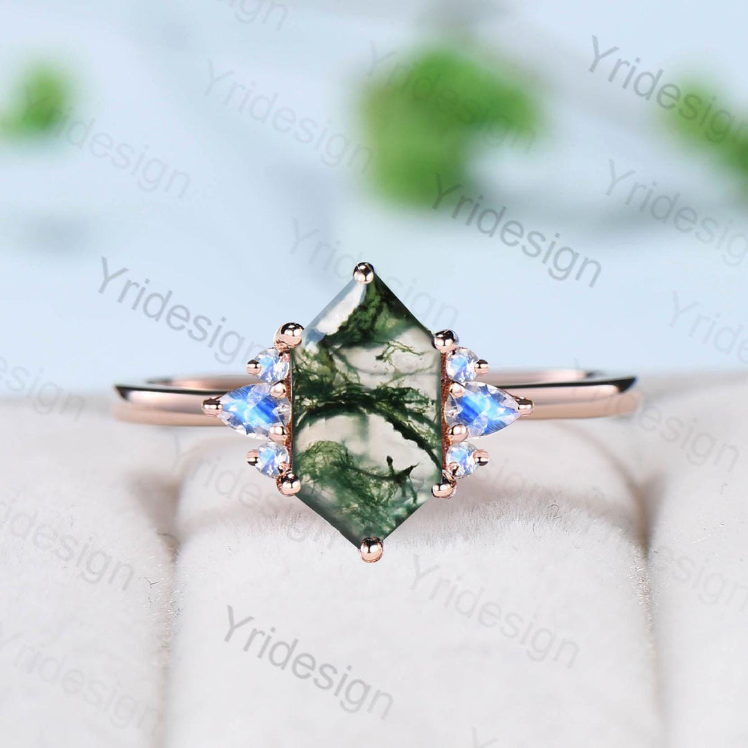 Vintage Long Hexagon cut moss agate cluster pear shaped sapphire Green Agate engagement ring art deco anniversary gift ring for women - PENFINE