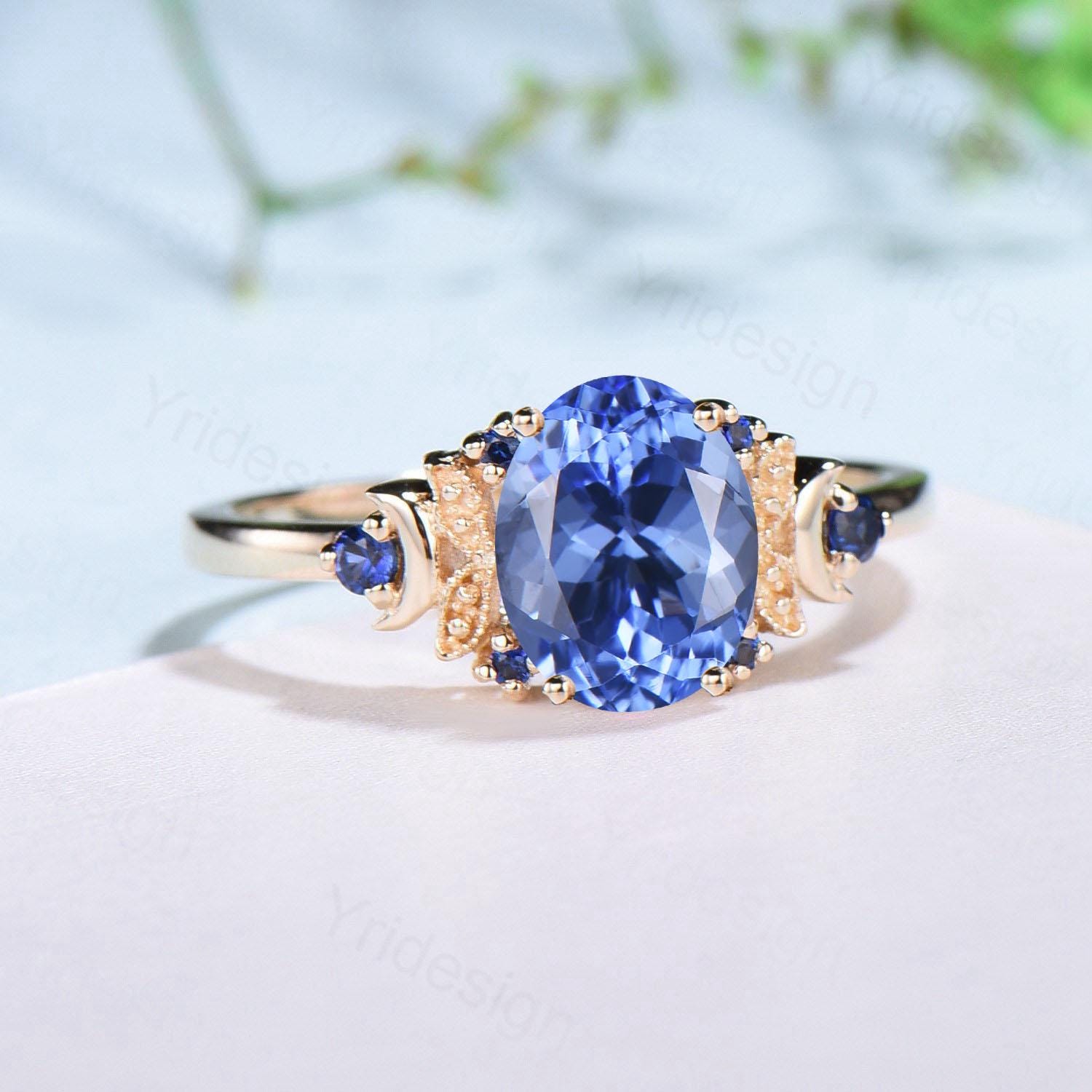 Unique Oval Natural Tanzanite Engagement Ring Cluster Sapphire Moon Wedding Ring Floral 14K Yellow Gold Handmade Anniversary Proposal Gift - PENFINE