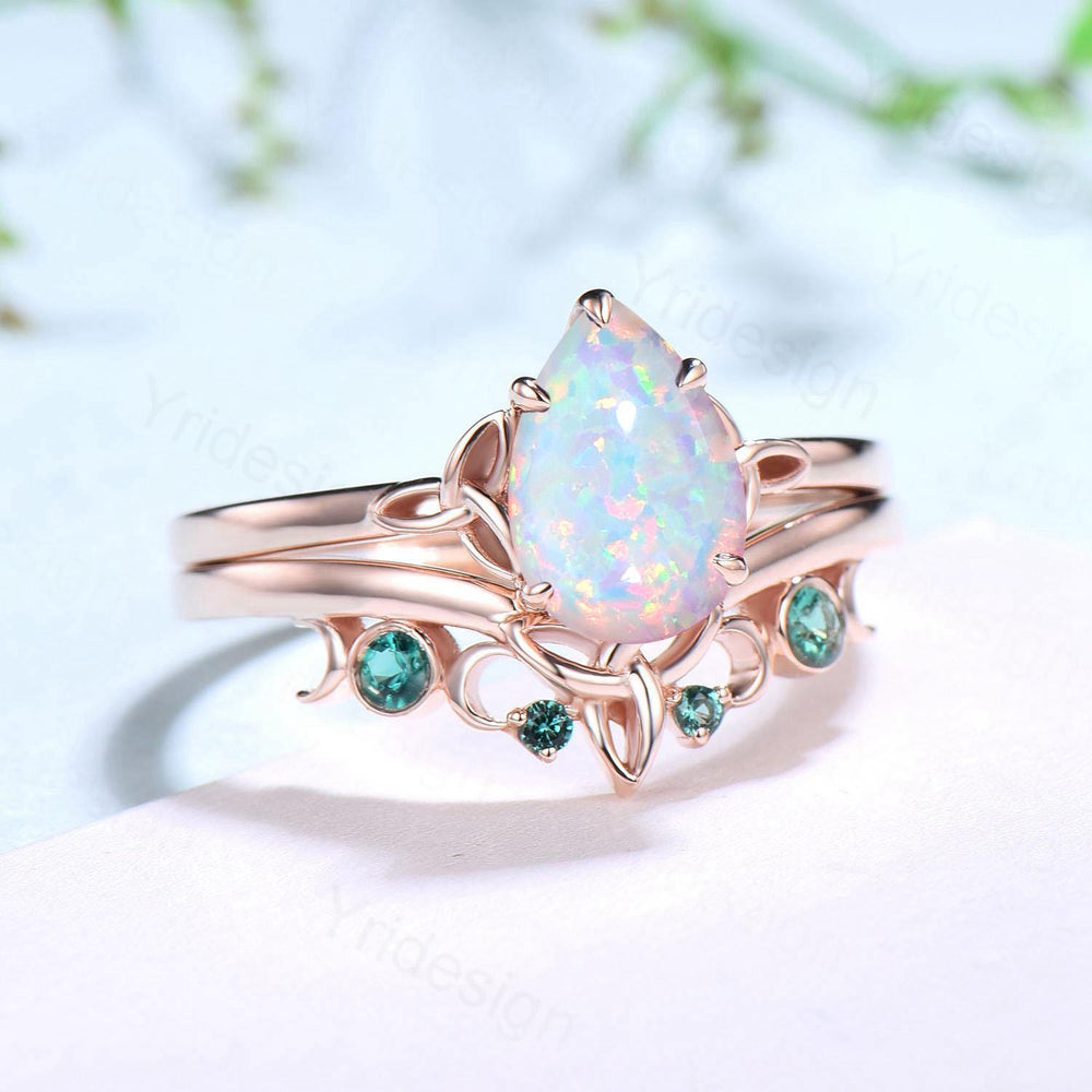 Celtic Knot White Opal Bridal Ring Set, 6x9mm Pear Shaped Fire Opal Engagement Ring Set, Emerald Stacking Matching Band, Anniversary Gift - PENFINE