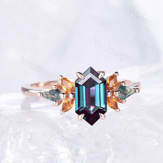 Unique long hexagon alexandrite engagement ring vintage cluster marquise citrine kite moss agate wedding ring women Color change stone ring - PENFINE