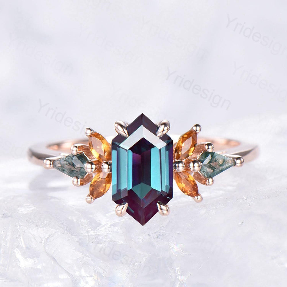 Unique long hexagon alexandrite engagement ring vintage cluster marquise citrine kite moss agate wedding ring women Color change stone ring - PENFINE