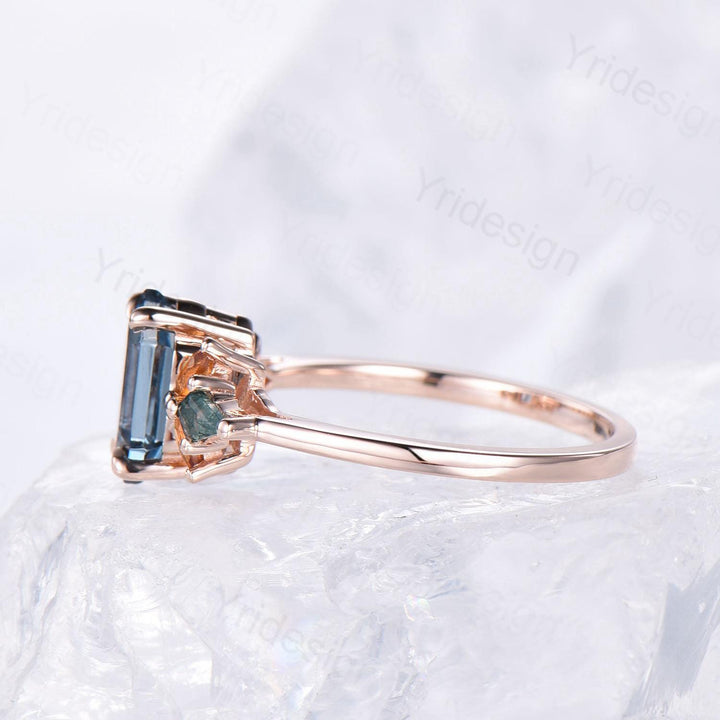 Unique long hexagon alexandrite engagement ring vintage cluster marquise citrine kite moss agate wedding ring women Color change stone ring - PENFINE