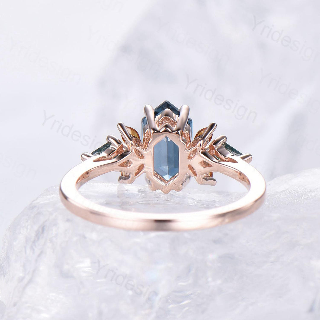 Unique long hexagon alexandrite engagement ring vintage cluster marquise citrine kite moss agate wedding ring women Color change stone ring - PENFINE